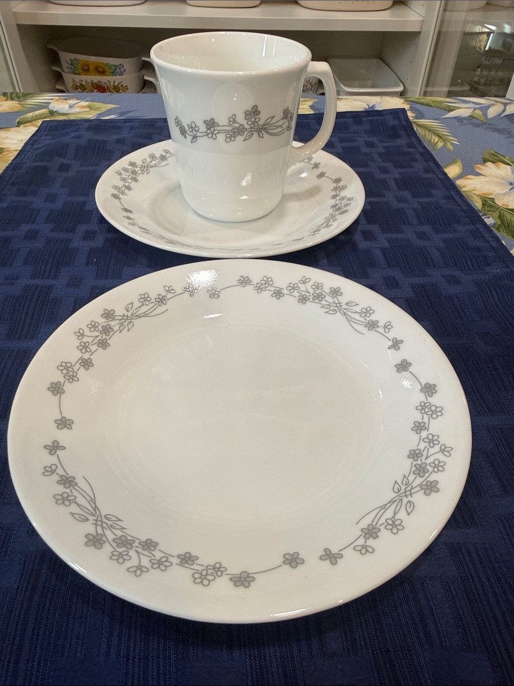 Corelle White Dinnerware Set with Gray Floral Vine Accent